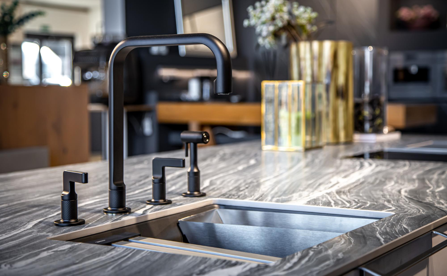 Porcelain countertop with black tap