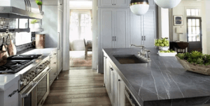 Gray countertop in a wide kitchen