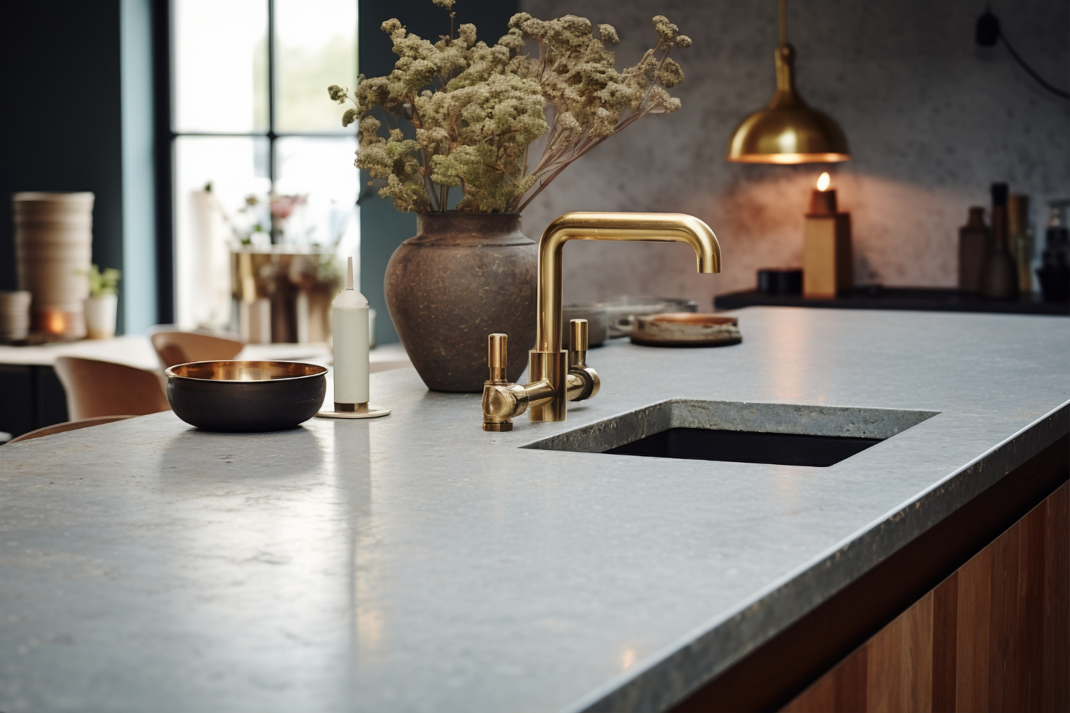 Granite countertop with a golden tap