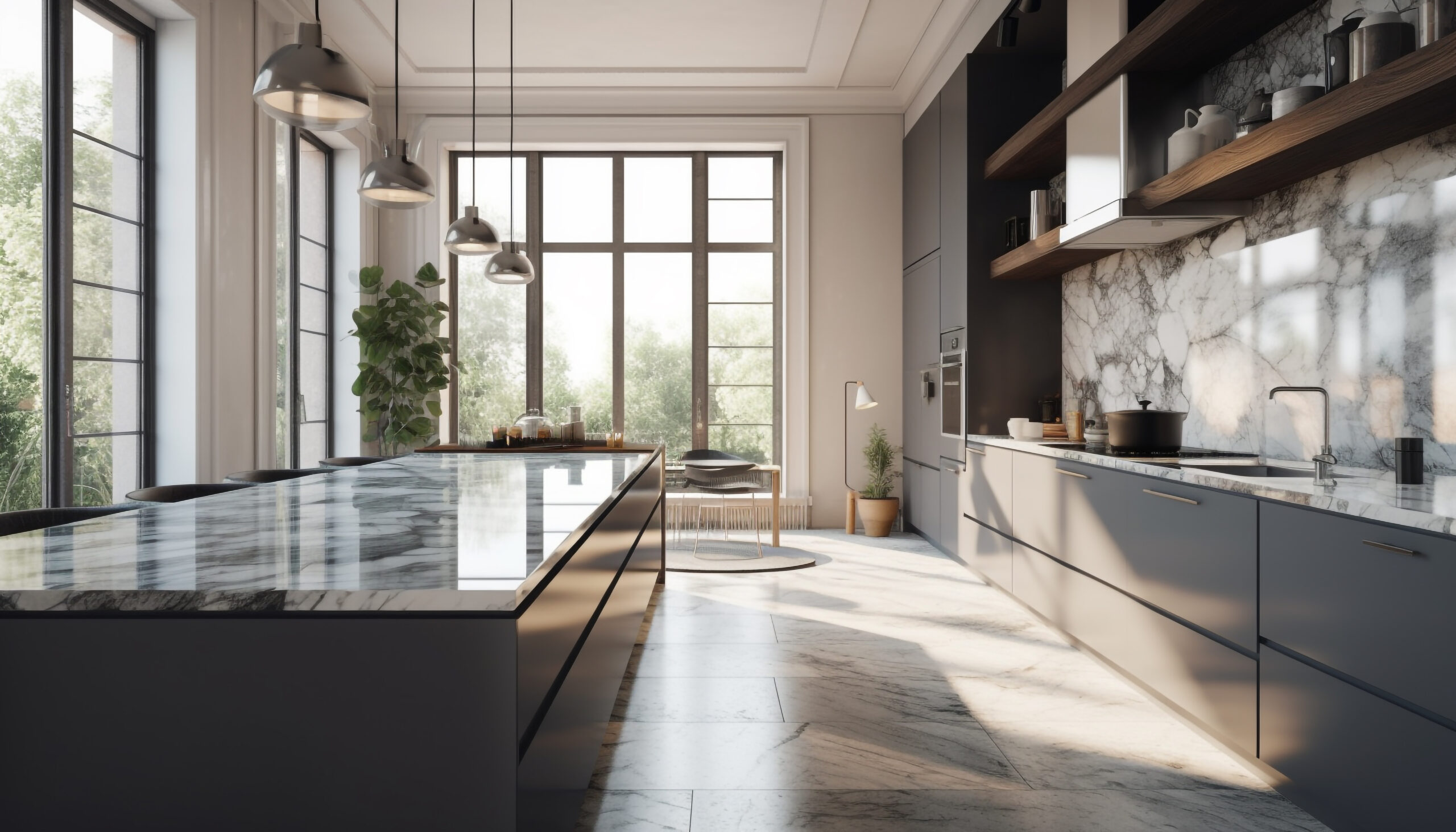 Marble-topped countertop in a bright large kitchen