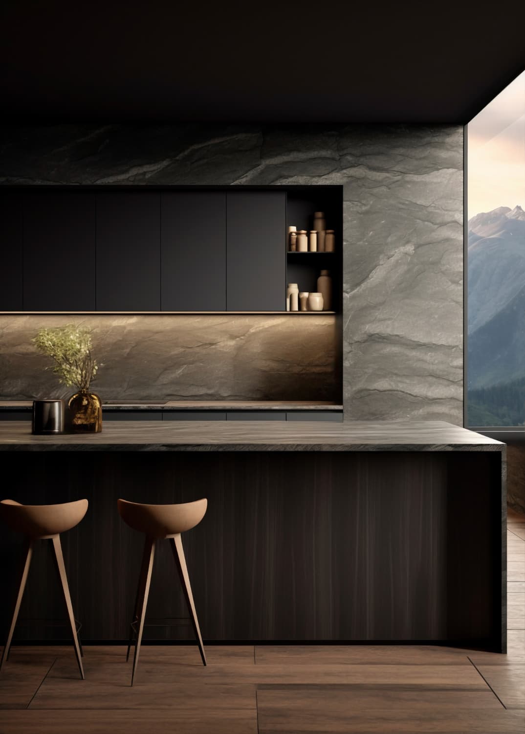 Quartz countertop with two stools
