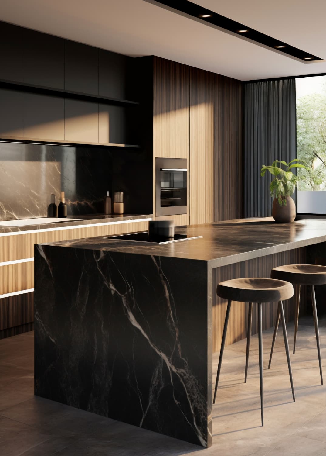 Quartz-topped kitchen island with two stools
