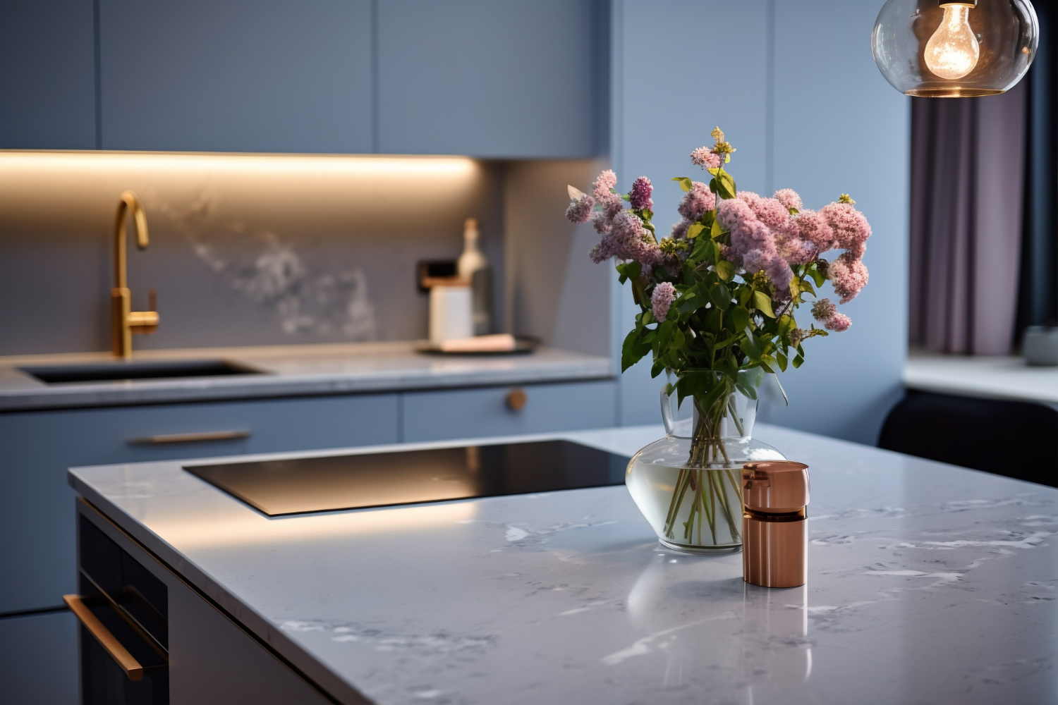 Quartz countertop with a vase of flowers on it