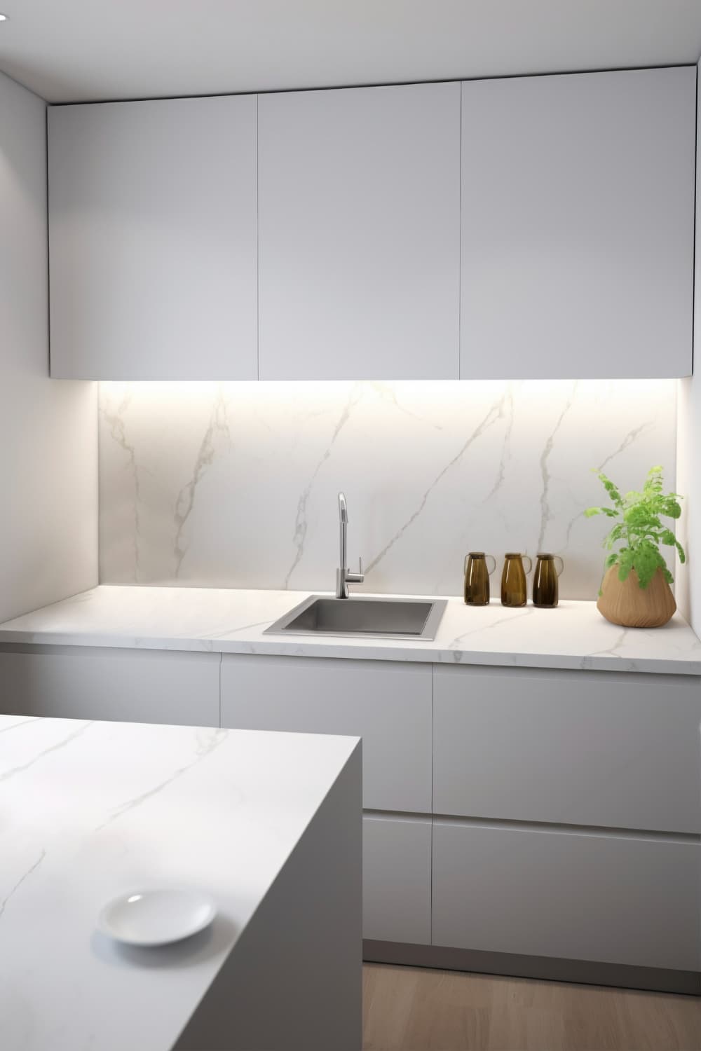 Quartz countertop with white cabinets lights on