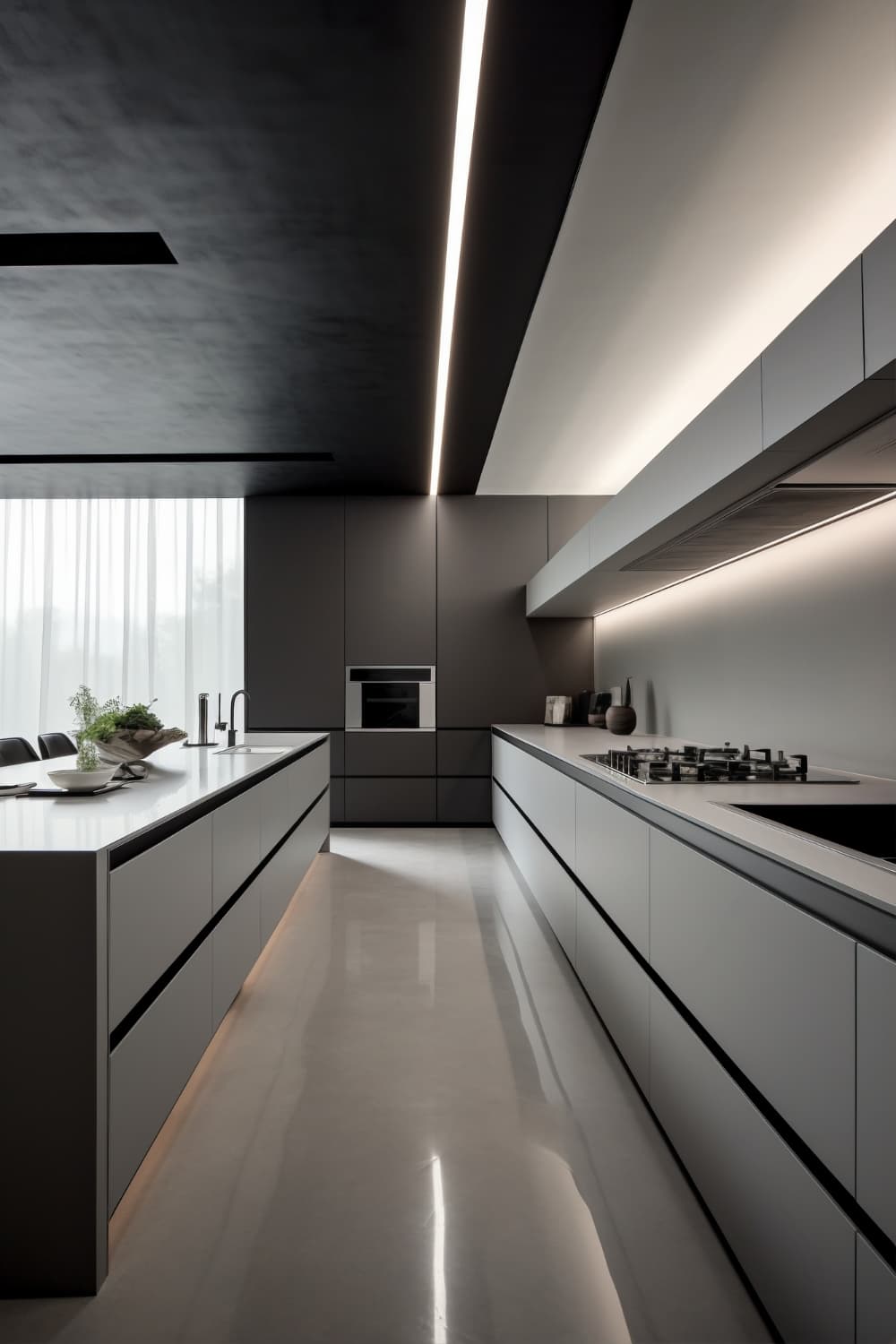 Quartz countertop with grey cabinets in a kitchen