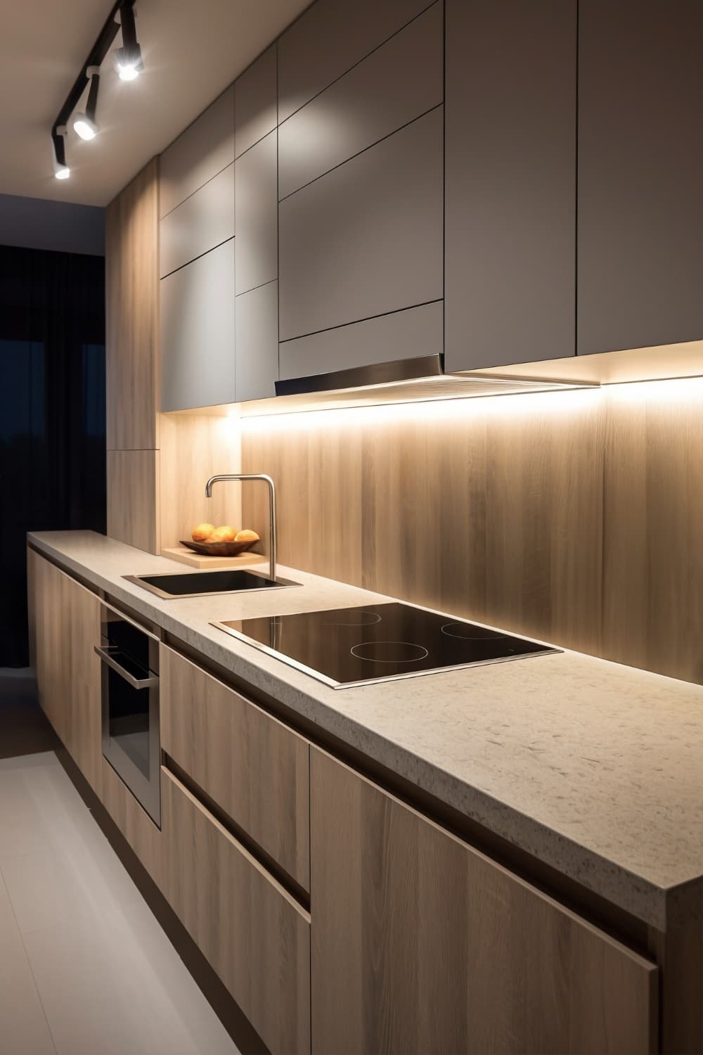 Quartz countertop in a kitchen lights on