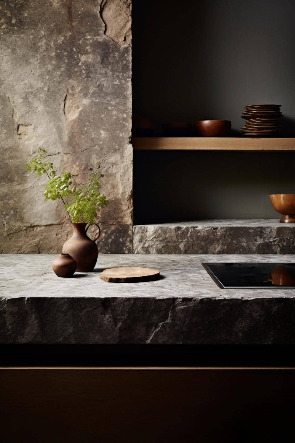 A vase full of plants on a countertop