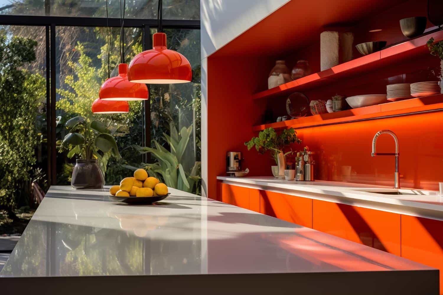 Bright kitchen with red cabinets and white countertop
