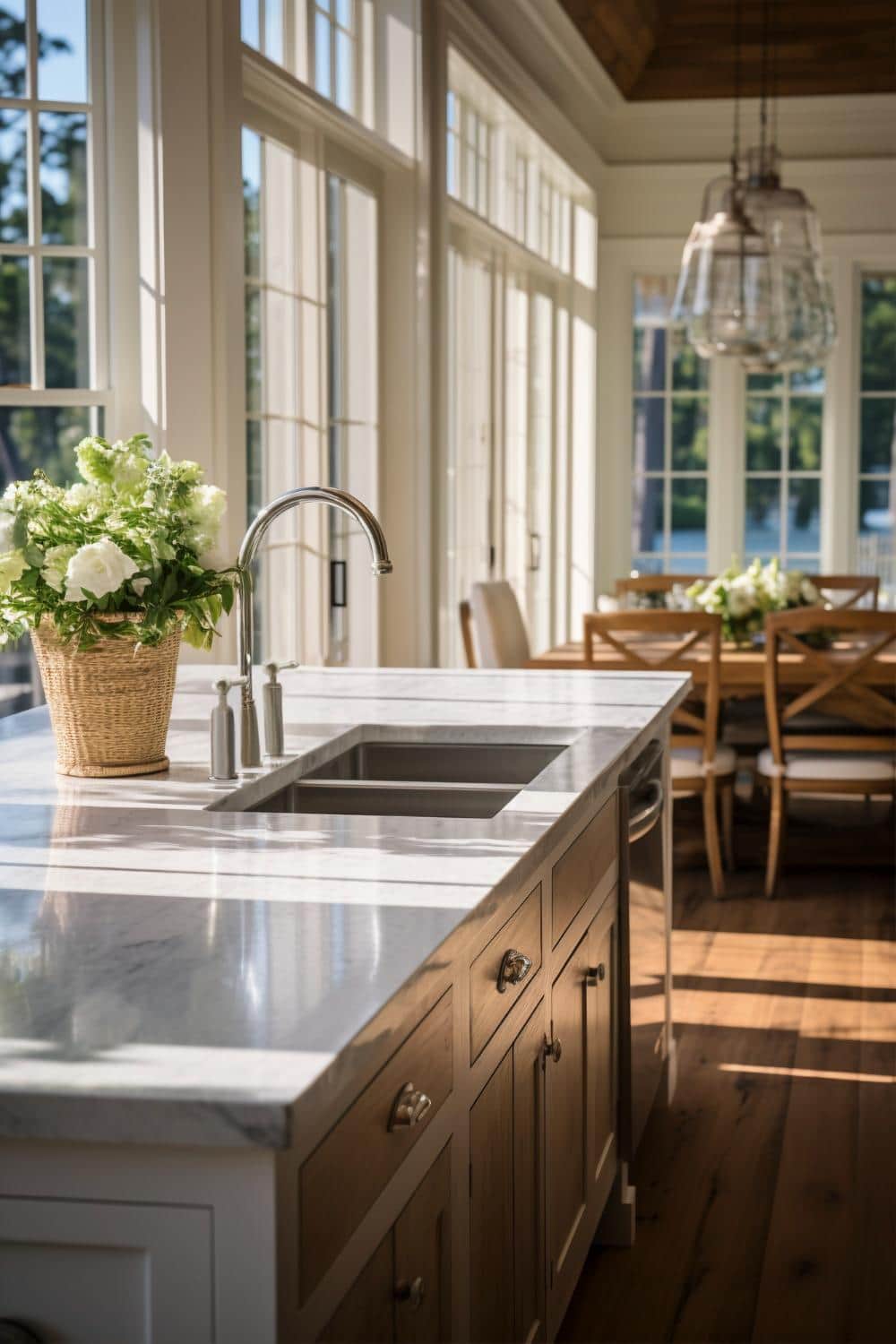 marble-topped kitchen island in a bright large kitchen